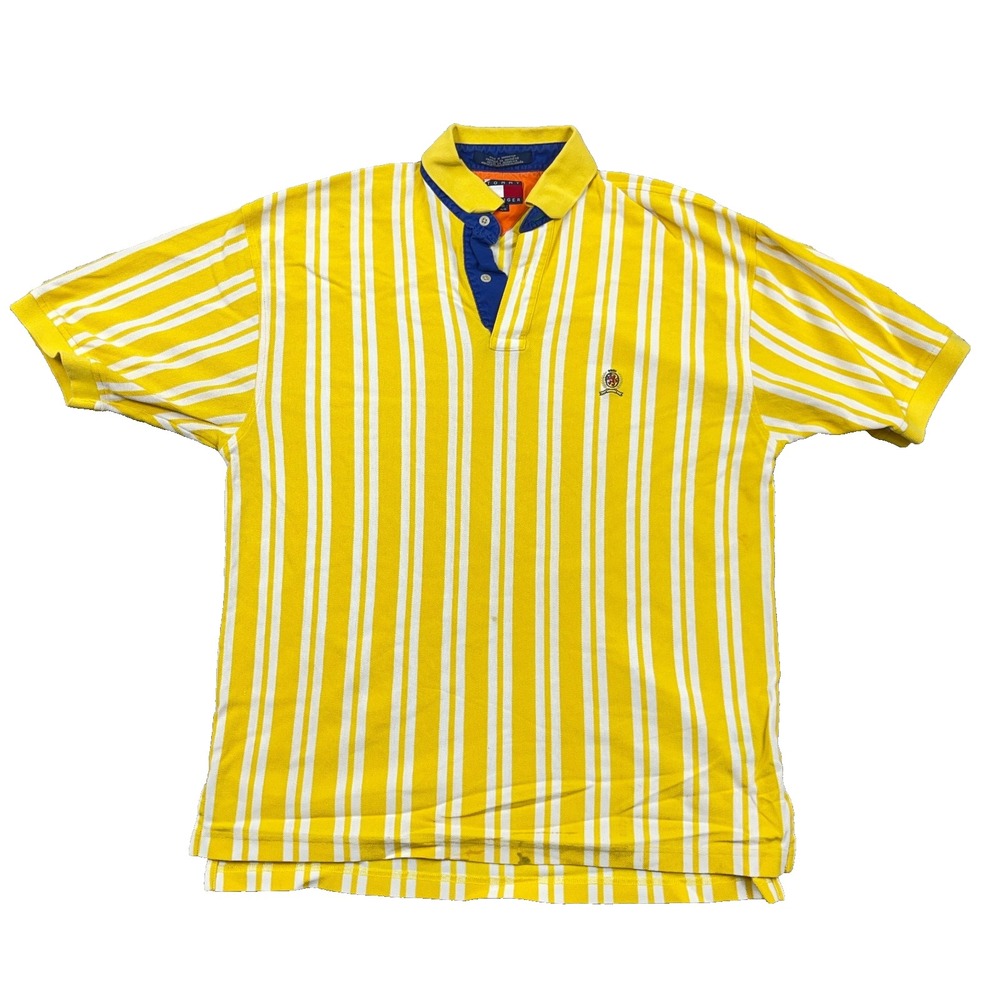 Vintage Tommy Hilfiger Polo Shirt Men Medium Yellow Striped Rugby 90s Vertical *